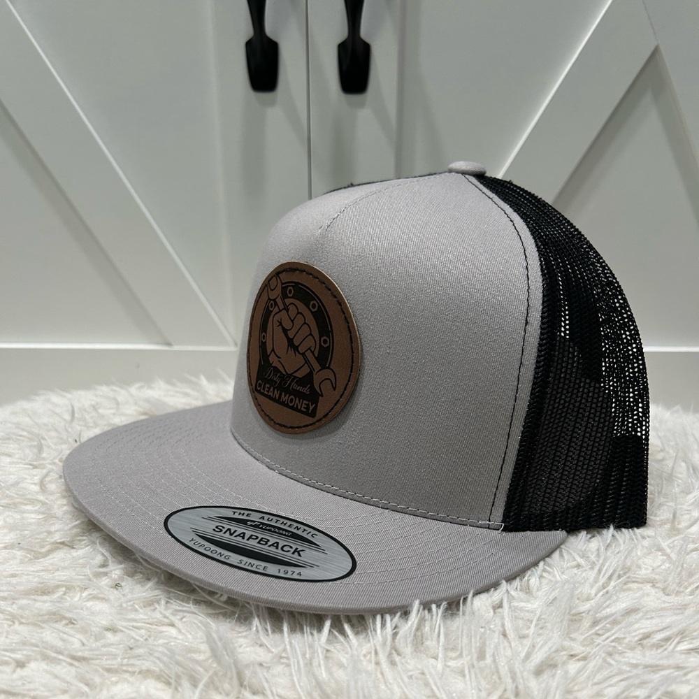 Flat bill SnapBack hat Dirty Hands Clean money.